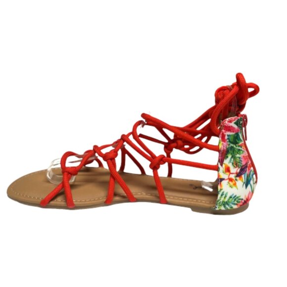 Qupid Lana-455 Blood Orange Strappy Wrap Around Open Toe Flat Sandal - Picture 1 of 4